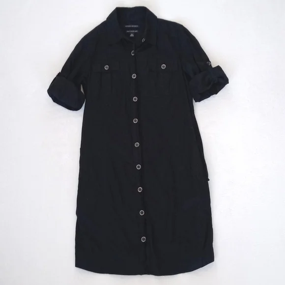 Banana Republic 3/4 Sleeve Black Soft Italian Cotton Button Down Shirt Dress 2 - Picture 12 of 16